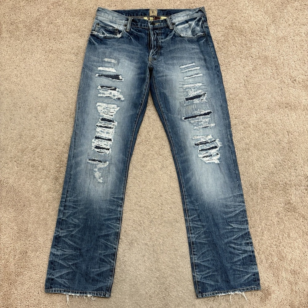 PRPS Jeans Mens 34x33 Blue Heavily Distressed Button Fly Straight Leg Denim